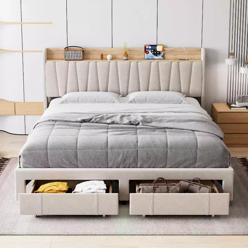 Letto a piattaforma imbottito grigio/beige con testiera contenitore, cassetti e stazione di ricarica, Queen