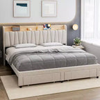 Letto a piattaforma imbottito grigio/beige con testiera contenitore, cassetti e stazione di ricarica, Queen