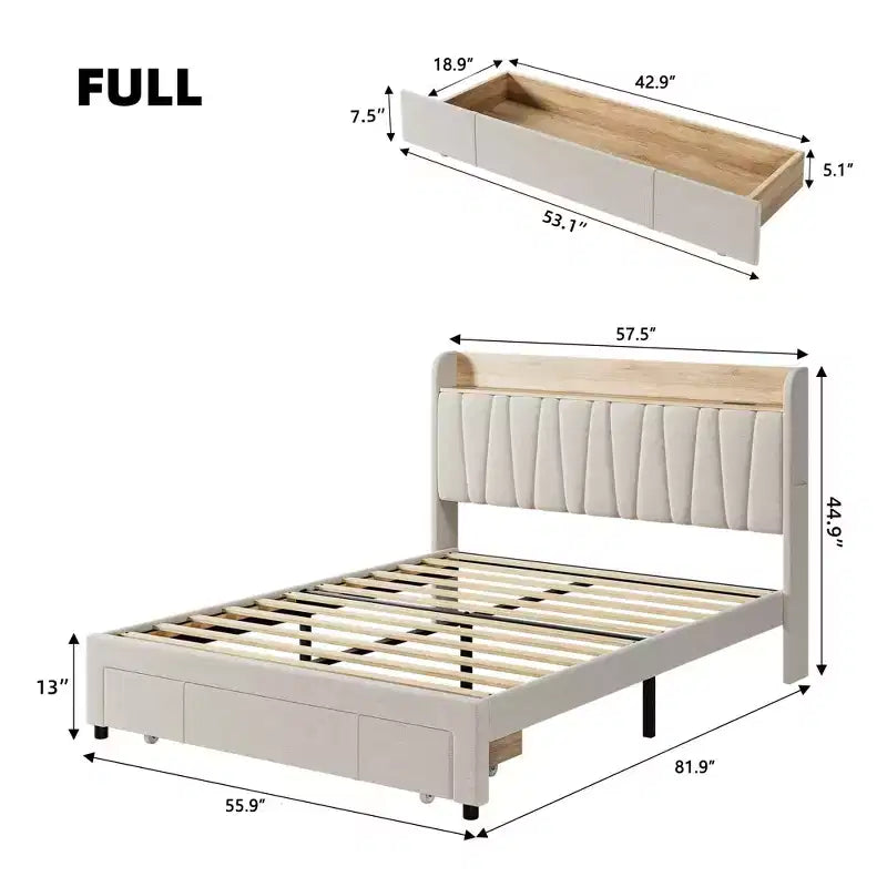 Letto a piattaforma imbottito grigio/beige con testiera contenitore, cassetti e stazione di ricarica, Queen