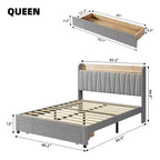 Letto a piattaforma imbottito grigio/beige con testiera contenitore, cassetti e stazione di ricarica, Queen