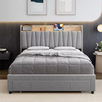 Letto a piattaforma imbottito grigio/beige con testiera contenitore, cassetti e stazione di ricarica, Queen
