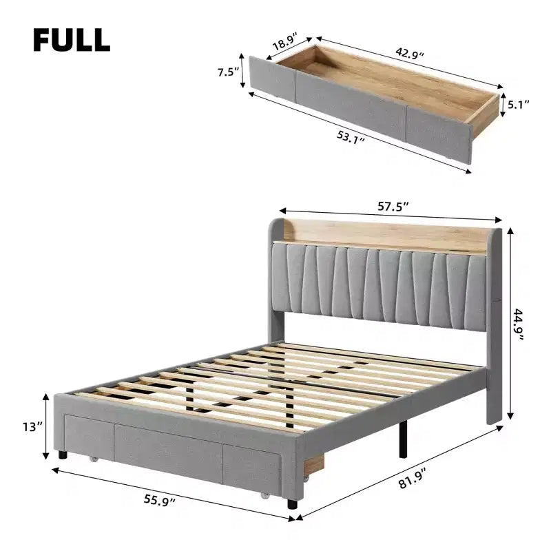 Letto a piattaforma imbottito grigio/beige con testiera contenitore, cassetti e stazione di ricarica, Queen