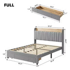 Letto a piattaforma imbottito grigio/beige con testiera contenitore, cassetti e stazione di ricarica, Queen