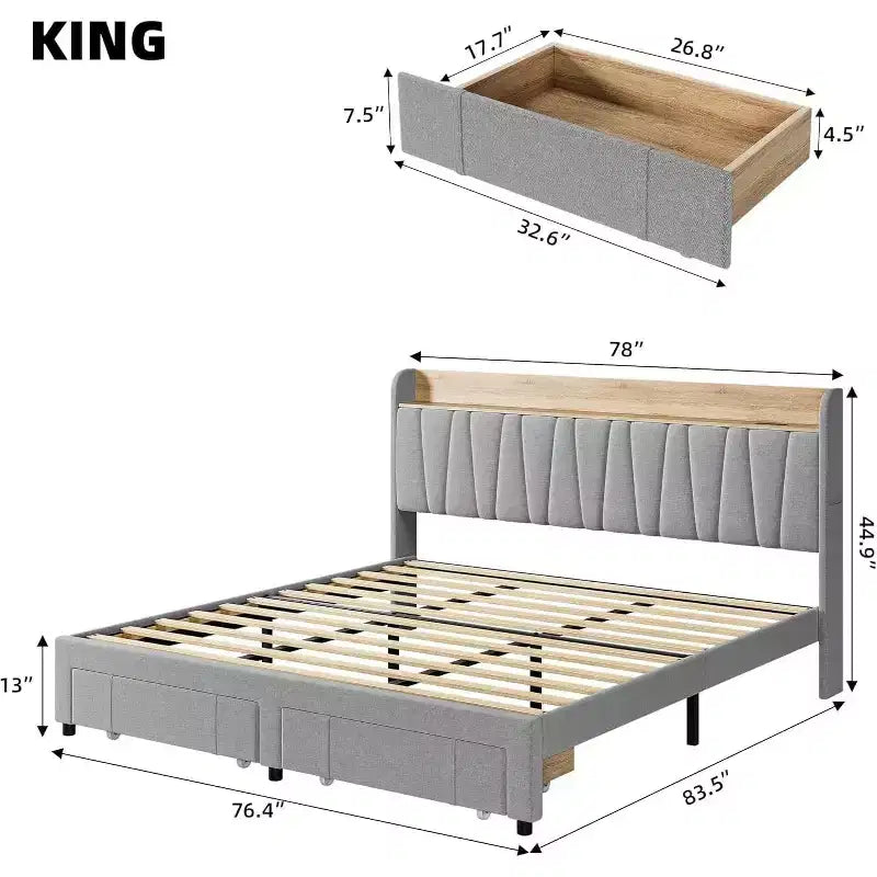 Letto a piattaforma imbottito grigio/beige con testiera contenitore, cassetti e stazione di ricarica, Queen