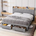 Letto a piattaforma imbottito grigio/beige con testiera contenitore, cassetti e stazione di ricarica, Queen