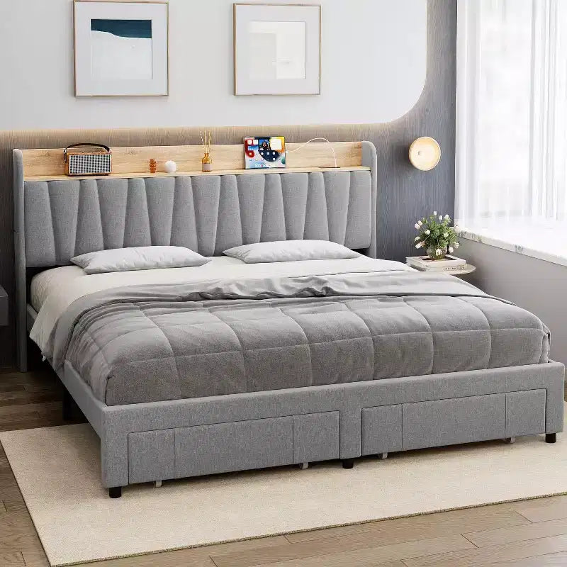 Letto a piattaforma imbottito grigio/beige con testiera contenitore, cassetti e stazione di ricarica, Queen