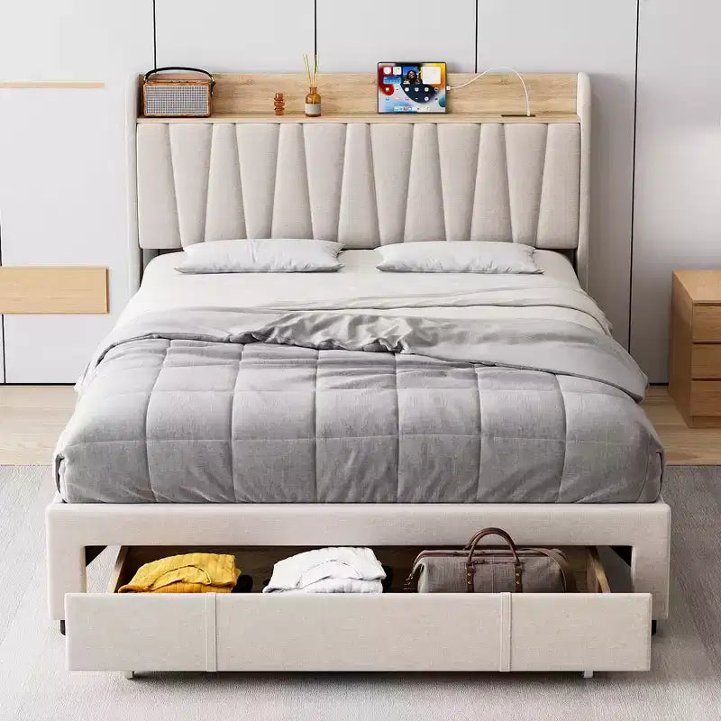 Letto a piattaforma imbottito grigio/beige con testiera contenitore, cassetti e stazione di ricarica, Queen