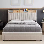Letto a piattaforma imbottito grigio/beige con testiera contenitore, cassetti e stazione di ricarica, Queen