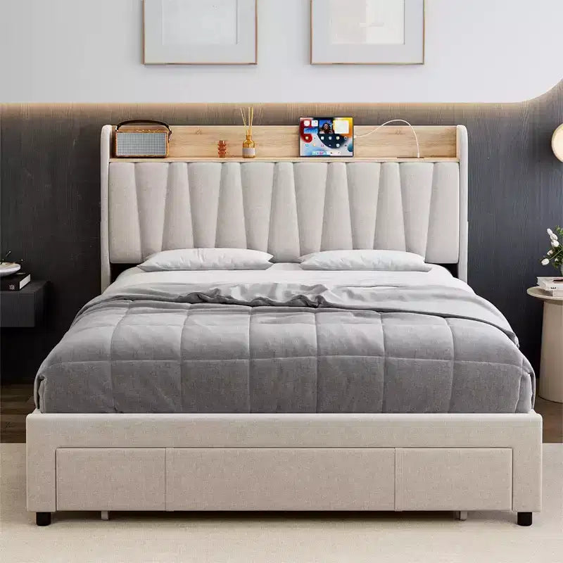 Letto a piattaforma imbottito grigio/beige con testiera contenitore, cassetti e stazione di ricarica, Queen