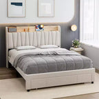 Letto a piattaforma imbottito grigio/beige con testiera contenitore, cassetti e stazione di ricarica, Queen