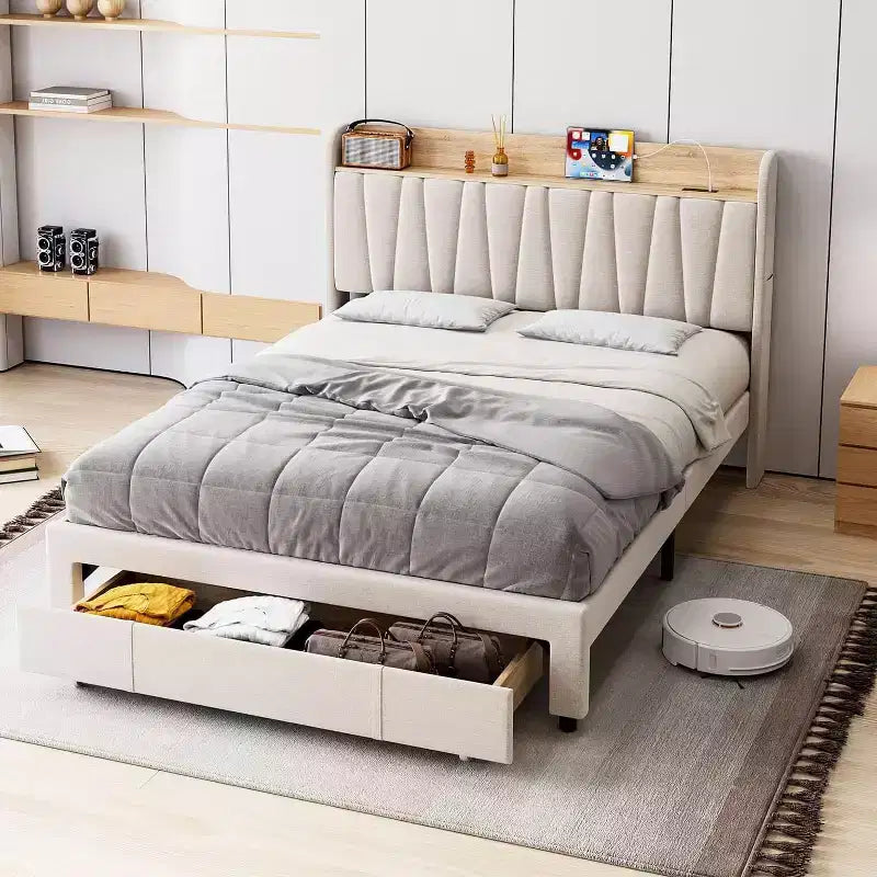 Letto a piattaforma imbottito grigio/beige con testiera contenitore, cassetti e stazione di ricarica, Queen