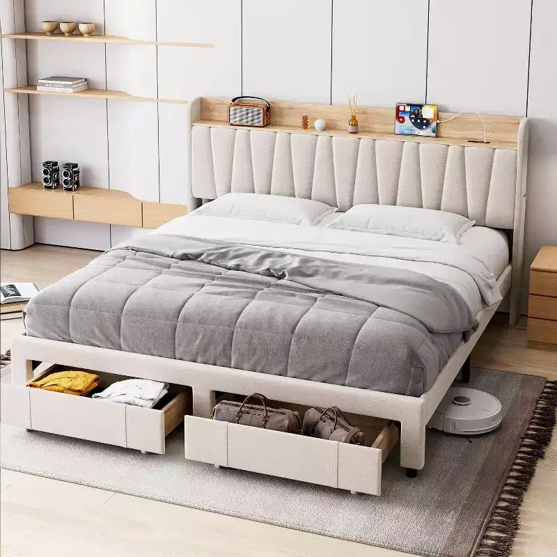 Letto a piattaforma imbottito grigio/beige con testiera contenitore, cassetti e stazione di ricarica, Queen