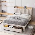 Upholstered Bed Frame, Storage Headboard and Charging Station, Platform Bed Frame with Drawers, No Box Spring Needed, Easy Assembly, Grey, Queen Size