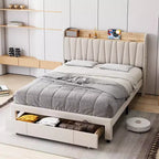 Upholstered Bed Frame, Storage Headboard and Charging Station, Platform Bed Frame with Drawers, No Box Spring Needed, Easy Assembly, Grey, Queen Size