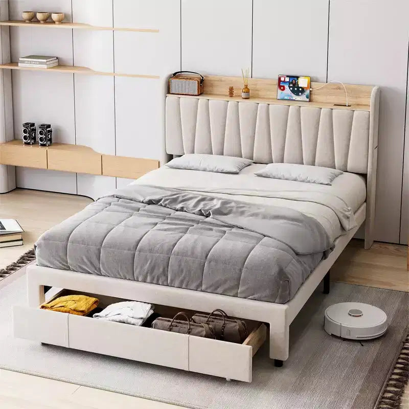 Upholstered Bed Frame, Storage Headboard and Charging Station, Platform Bed Frame with Drawers, No Box Spring Needed, Easy Assembly, Grey, Queen Size