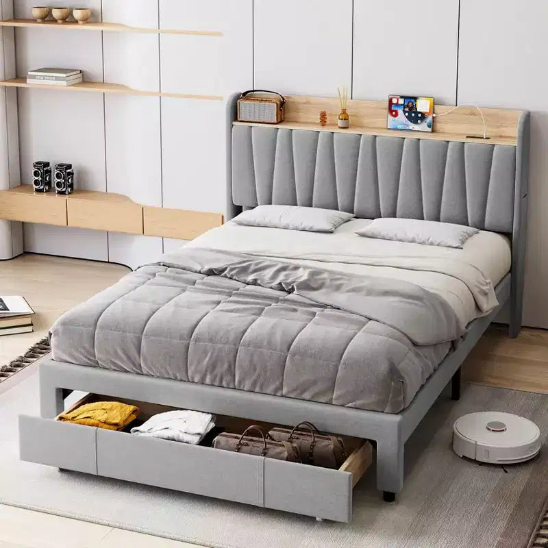 Letto a piattaforma imbottito grigio/beige con testiera contenitore, cassetti e stazione di ricarica, Queen