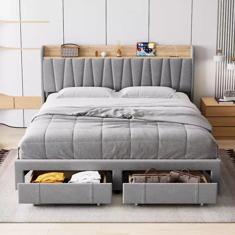 Letto a piattaforma imbottito grigio/beige con testiera contenitore, cassetti e stazione di ricarica, Queen