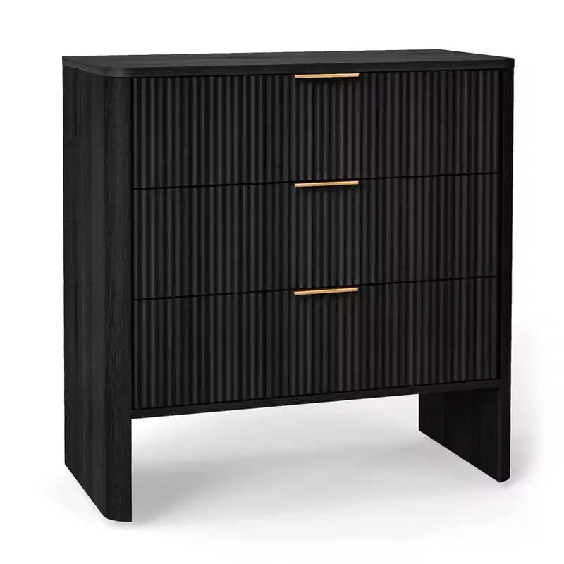 AEELLEEA Wooden Cabinet with 3 Drawers Wavy Pattern Modern Bedside Cupboard Dressing Table for Bedroom 78CM Long Black Color