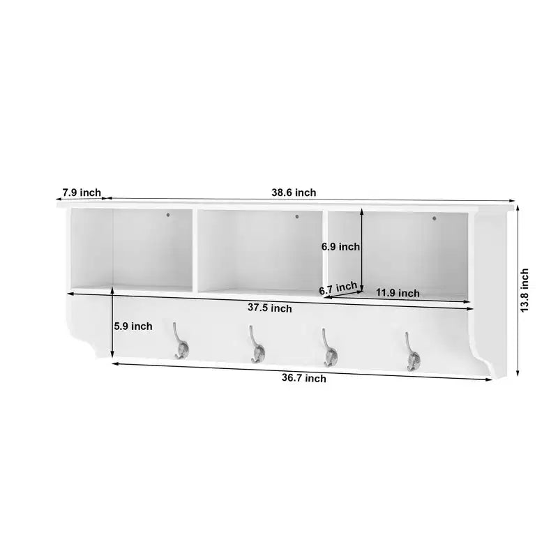 Mensola da ingresso a muro espresso/bianca con 3 scomparti e 4 ganci