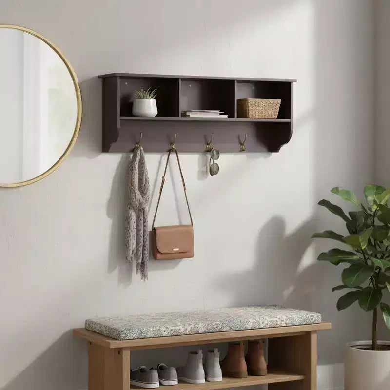 Homy Casa Wall-Mounted Entryway Shelf with 3 Open Cubbies and 4 Metal Hooks