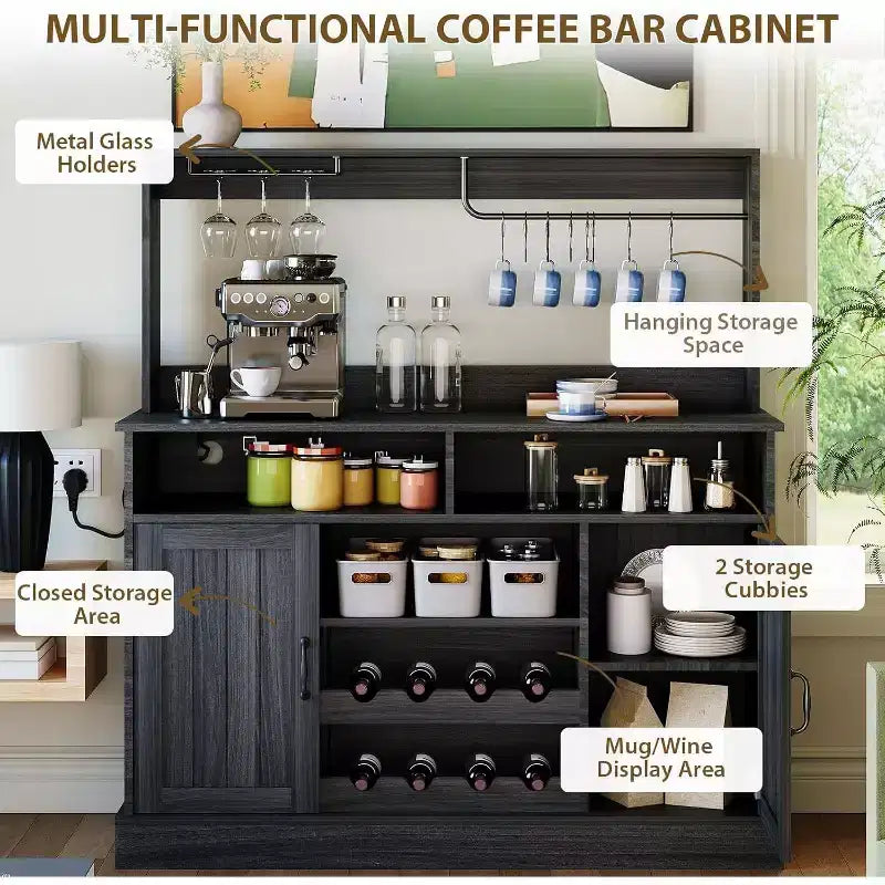Mobiletto da caffè da fattoria nero/grigio con portabottiglie e 5 ganci – Uso individuale