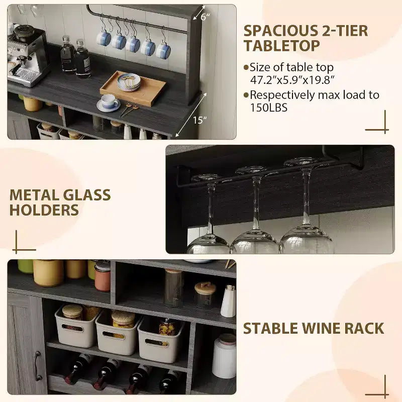 Mobiletto da caffè da fattoria nero/grigio con portabottiglie e 5 ganci – Uso individuale