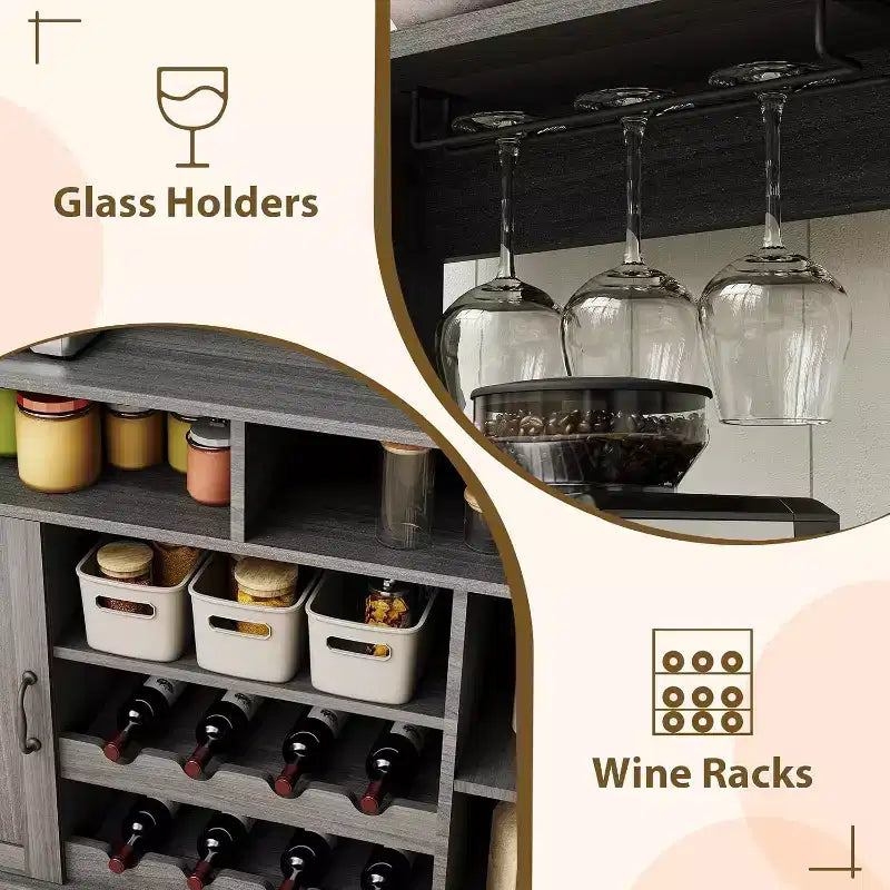 Mobiletto da caffè da fattoria nero/grigio con portabottiglie e 5 ganci – Uso individuale