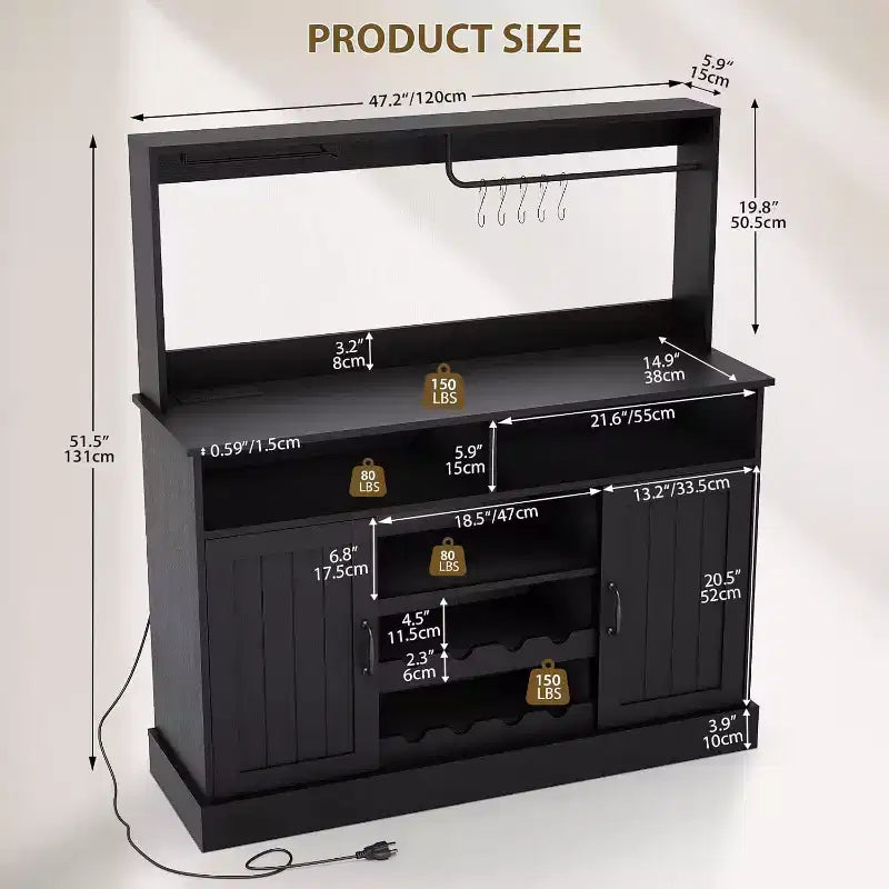 Mobiletto da caffè da fattoria nero/grigio con portabottiglie e 5 ganci – Uso individuale