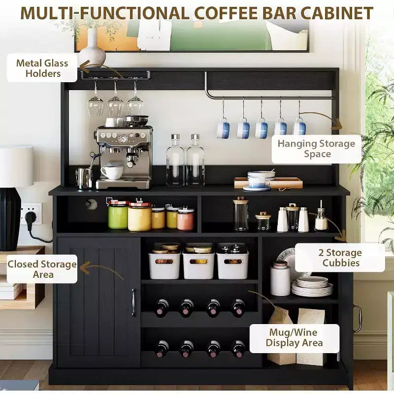 Mobiletto da caffè da fattoria nero/grigio con portabottiglie e 5 ganci – Uso individuale