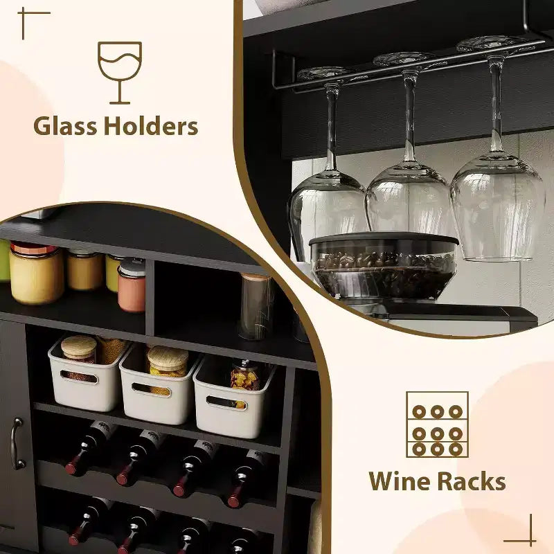 Mobiletto da caffè da fattoria nero/grigio con portabottiglie e 5 ganci – Uso individuale