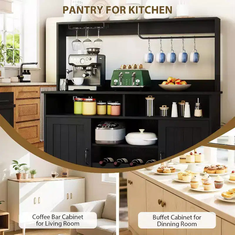 Mobiletto da caffè da fattoria nero/grigio con portabottiglie e 5 ganci – Uso individuale