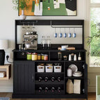 47 Inch Farmhouse Coffee Bar Cabinet with 5 Hooks, Black Finish Sideboard with Wine Rack and Goblet Storage, Multi-Functional Storage Cabinet,black