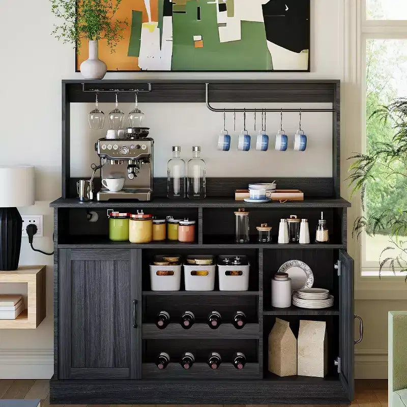 Mobiletto da caffè da fattoria nero/grigio con portabottiglie e 5 ganci – Uso individuale