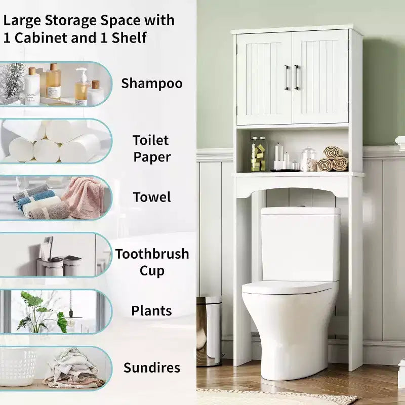 Mobiletto portaoggetti da bagno sopra il WC bianco, autoportante a doppia anta, montaggio da 1 persona