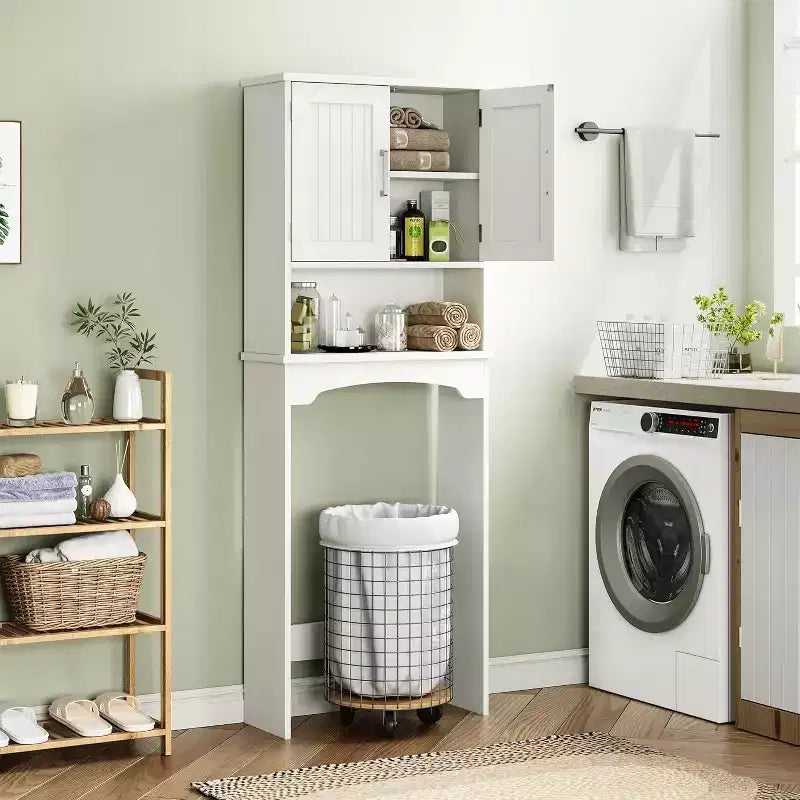 Mobiletto portaoggetti da bagno sopra il WC bianco, autoportante a doppia anta, montaggio da 1 persona
