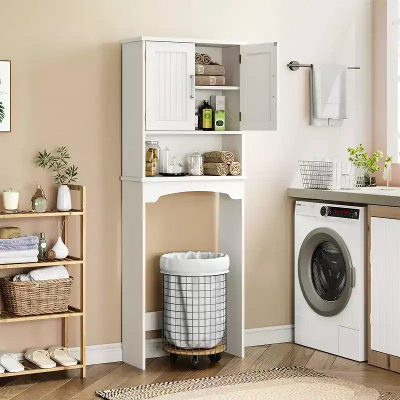 Mobiletto portaoggetti da bagno sopra il WC bianco, autoportante a doppia anta, montaggio da 1 persona