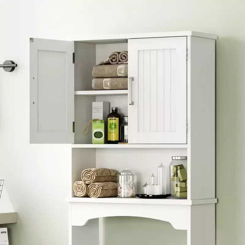 Mobiletto portaoggetti da bagno sopra il WC bianco, autoportante a doppia anta, montaggio da 1 persona