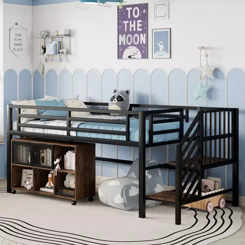 Letto a soppalco singolo in metallo bianco/nero con scale e vano contenitore, 1 persona