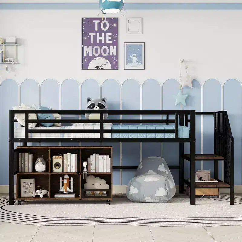Letto a soppalco singolo in metallo bianco/nero con scale e vano contenitore, 1 persona