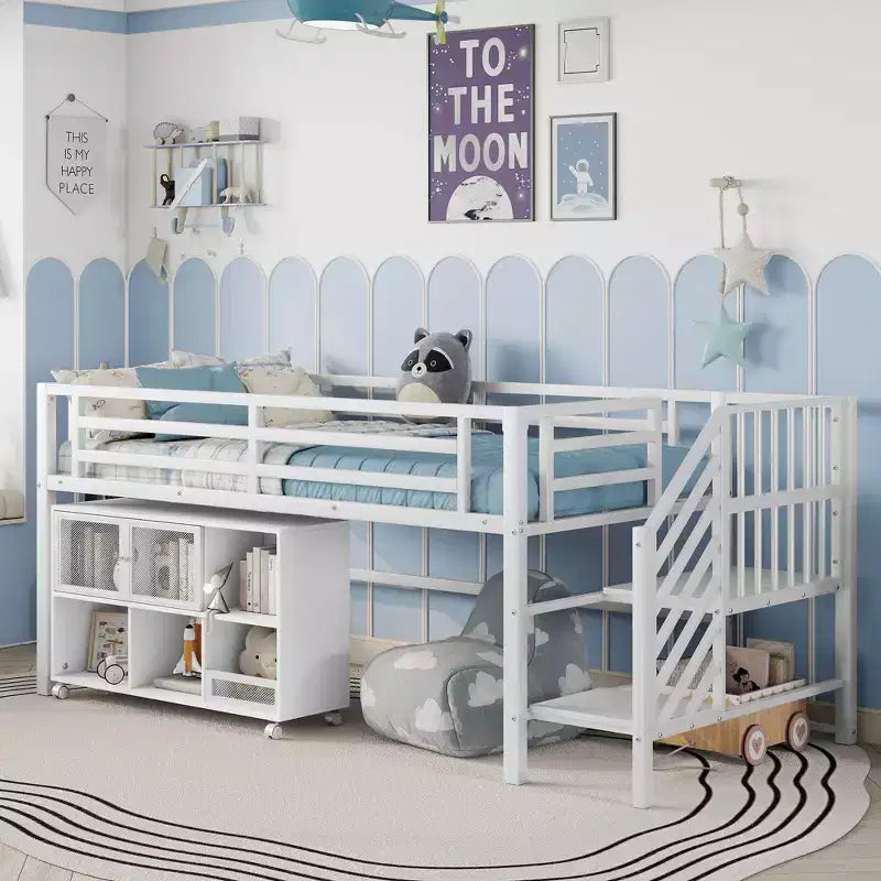 Letto a soppalco singolo in metallo bianco/nero con scale e vano contenitore, 1 persona