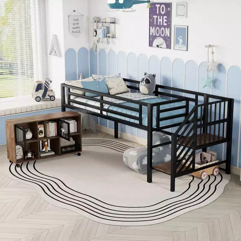 Okak Twin Size Metal Bookcase Loft Bed with Stairs & Storage Cubby,Contemporary Bed Frame for Bedroom,Kids Room