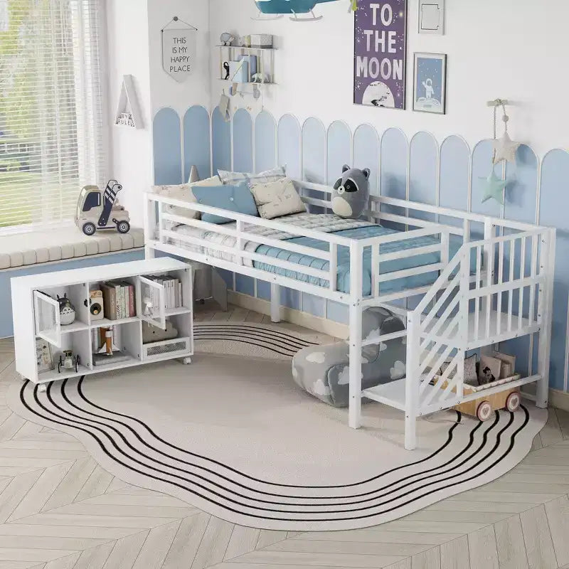 Letto a soppalco singolo in metallo bianco/nero con scale e vano contenitore, 1 persona