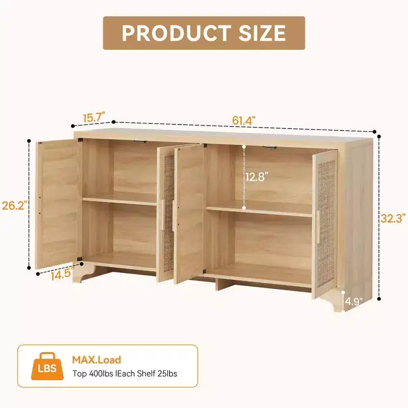 Madia a 4 ante in Rattan con Piedini in Legno, Nera / Rovere Chiaro / Bianca