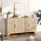 Madia a 4 ante in Rattan con Piedini in Legno, Nera / Rovere Chiaro / Bianca
