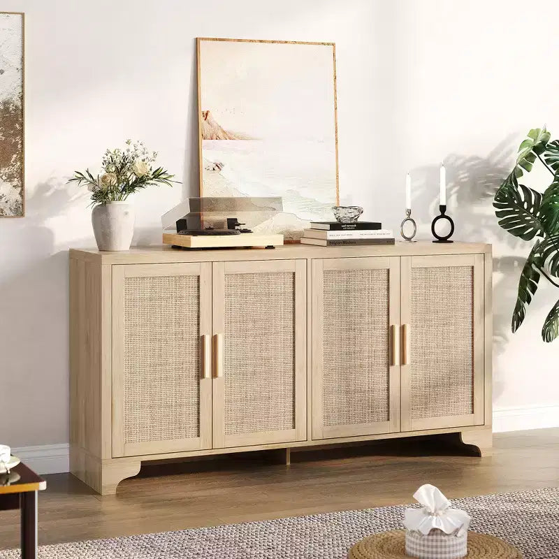 Madia a 4 ante in Rattan con Piedini in Legno, Nera / Rovere Chiaro / Bianca