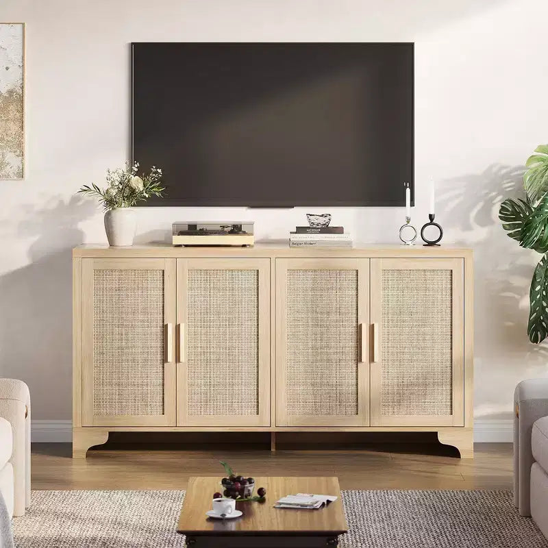 Madia a 4 ante in Rattan con Piedini in Legno, Nera / Rovere Chiaro / Bianca