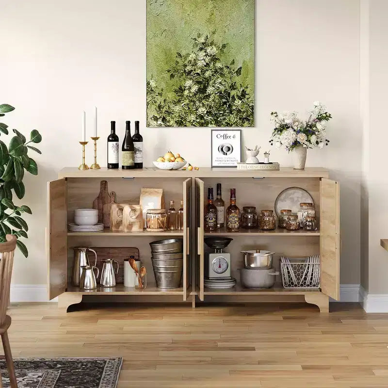 Madia a 4 ante in Rattan con Piedini in Legno, Nera / Rovere Chiaro / Bianca