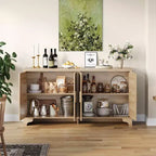 Madia a 4 ante in Rattan con Piedini in Legno, Nera / Rovere Chiaro / Bianca