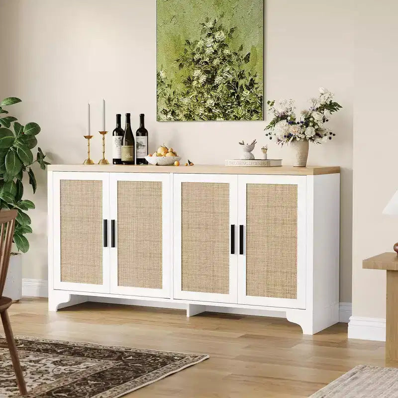Madia a 4 ante in Rattan con Piedini in Legno, Nera / Rovere Chiaro / Bianca