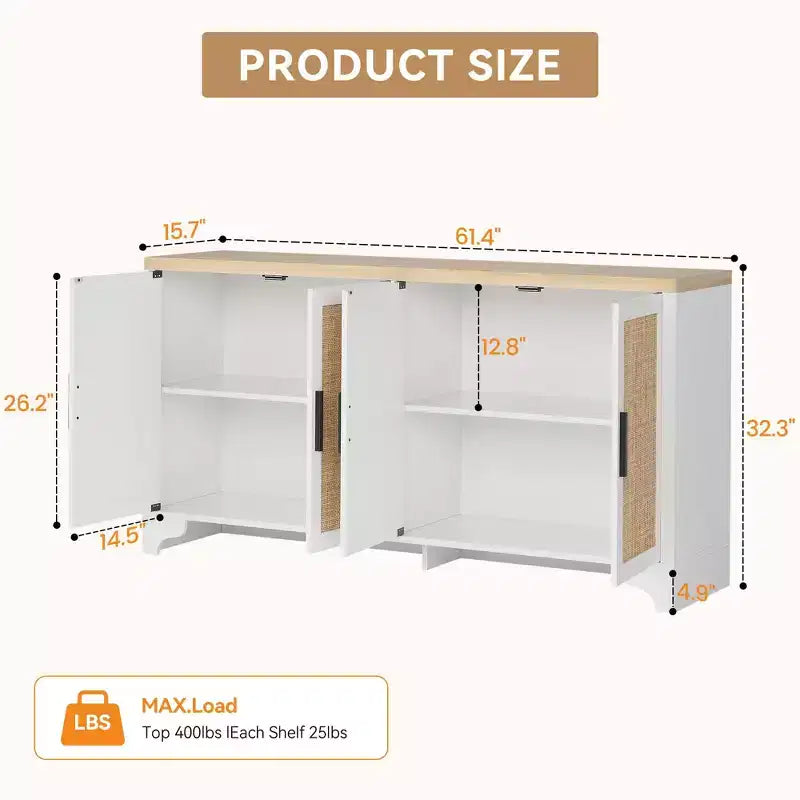 Madia a 4 ante in Rattan con Piedini in Legno, Nera / Rovere Chiaro / Bianca